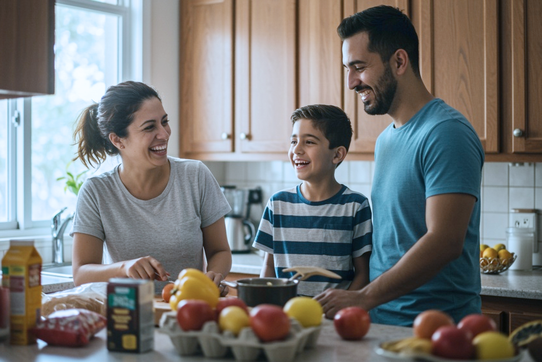 Family Cooking Healthy Meal in Kitchen